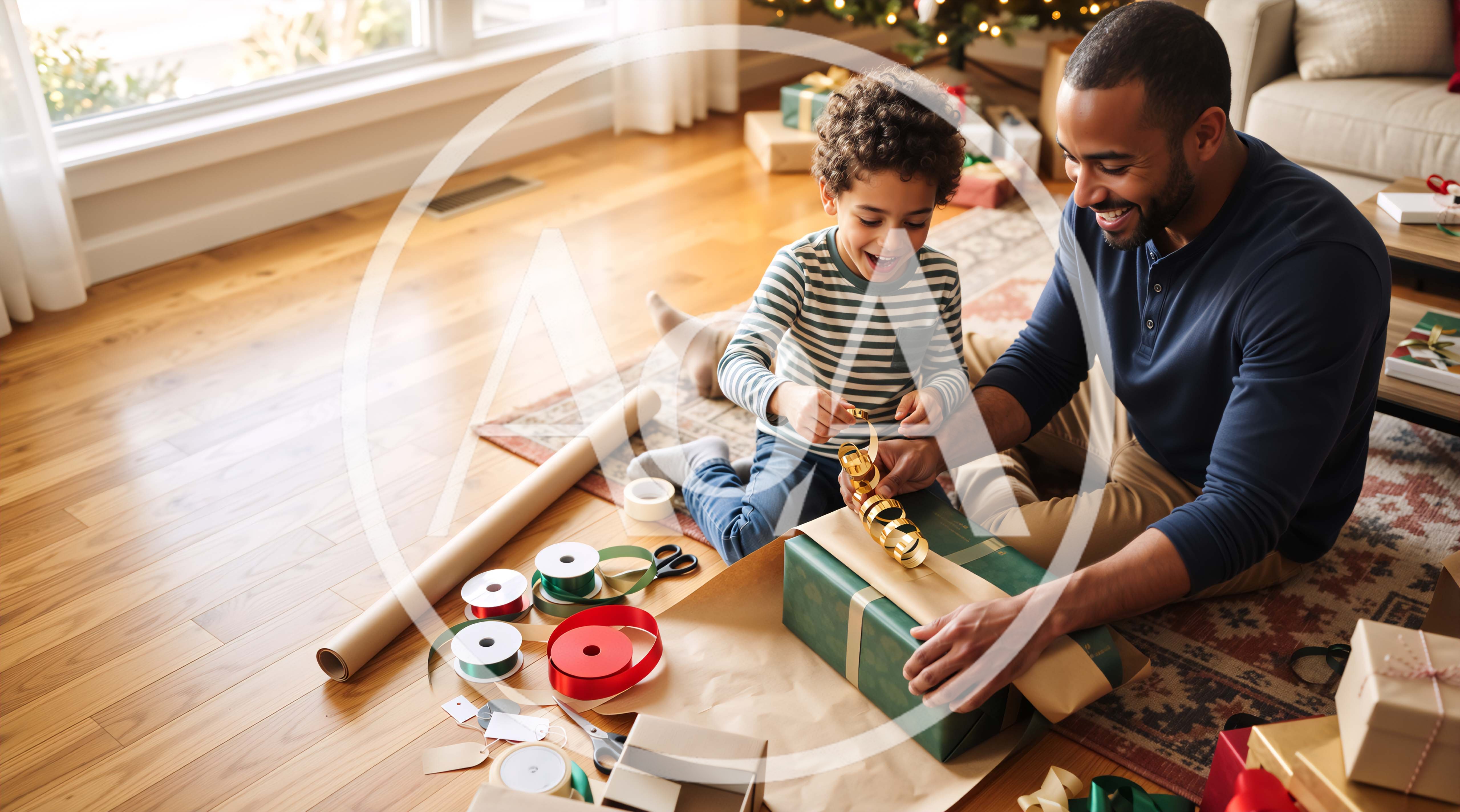Father and Son Wrapping Christmas Gifts Together
