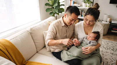 Parents Carefully Trimming Newborn Baby Fingernails