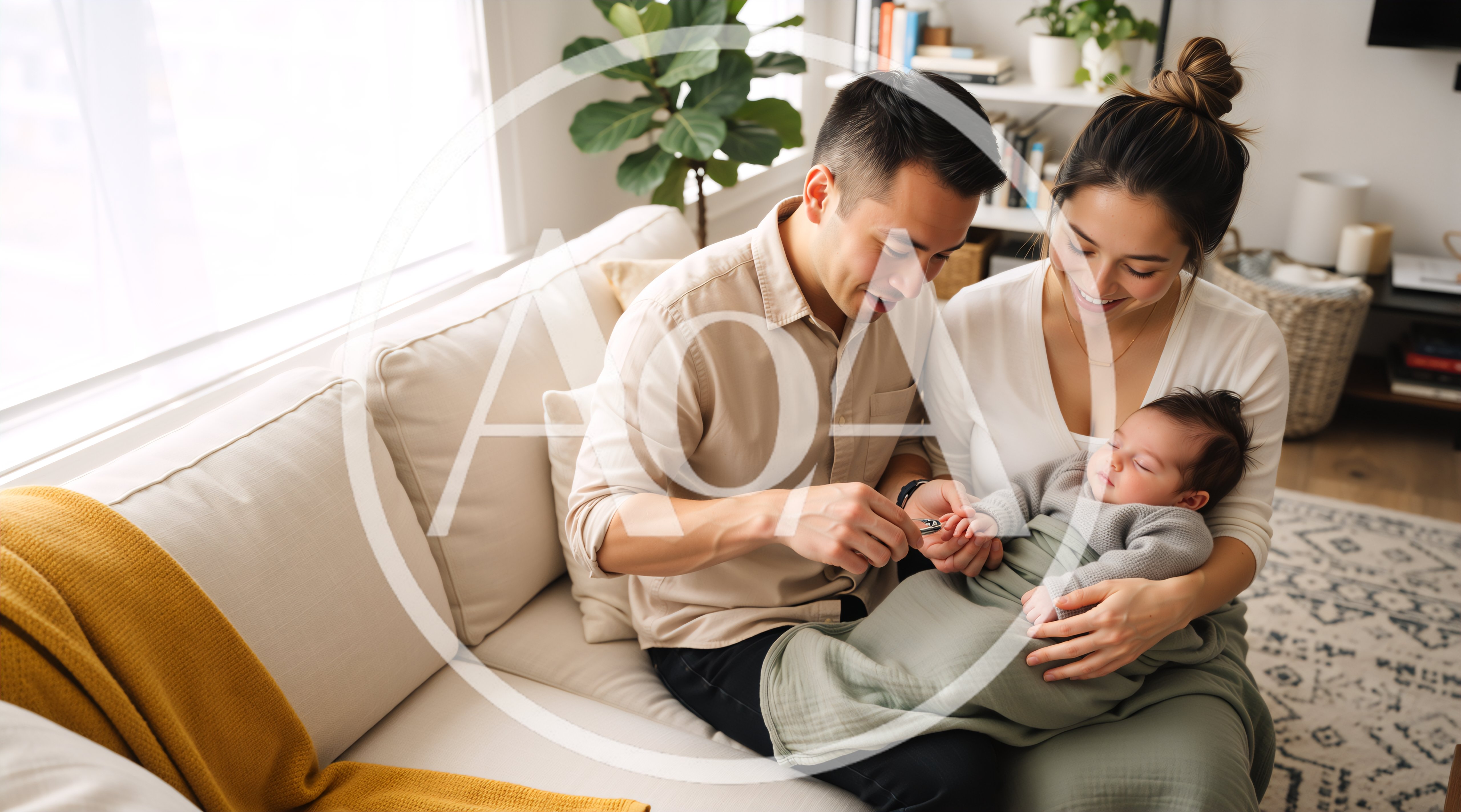 Parents Carefully Trimming Newborn Baby Fingernails