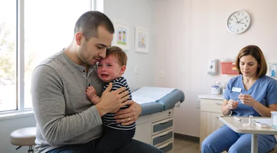 Father Comforting Crying Toddler During Pediatric Vaccination