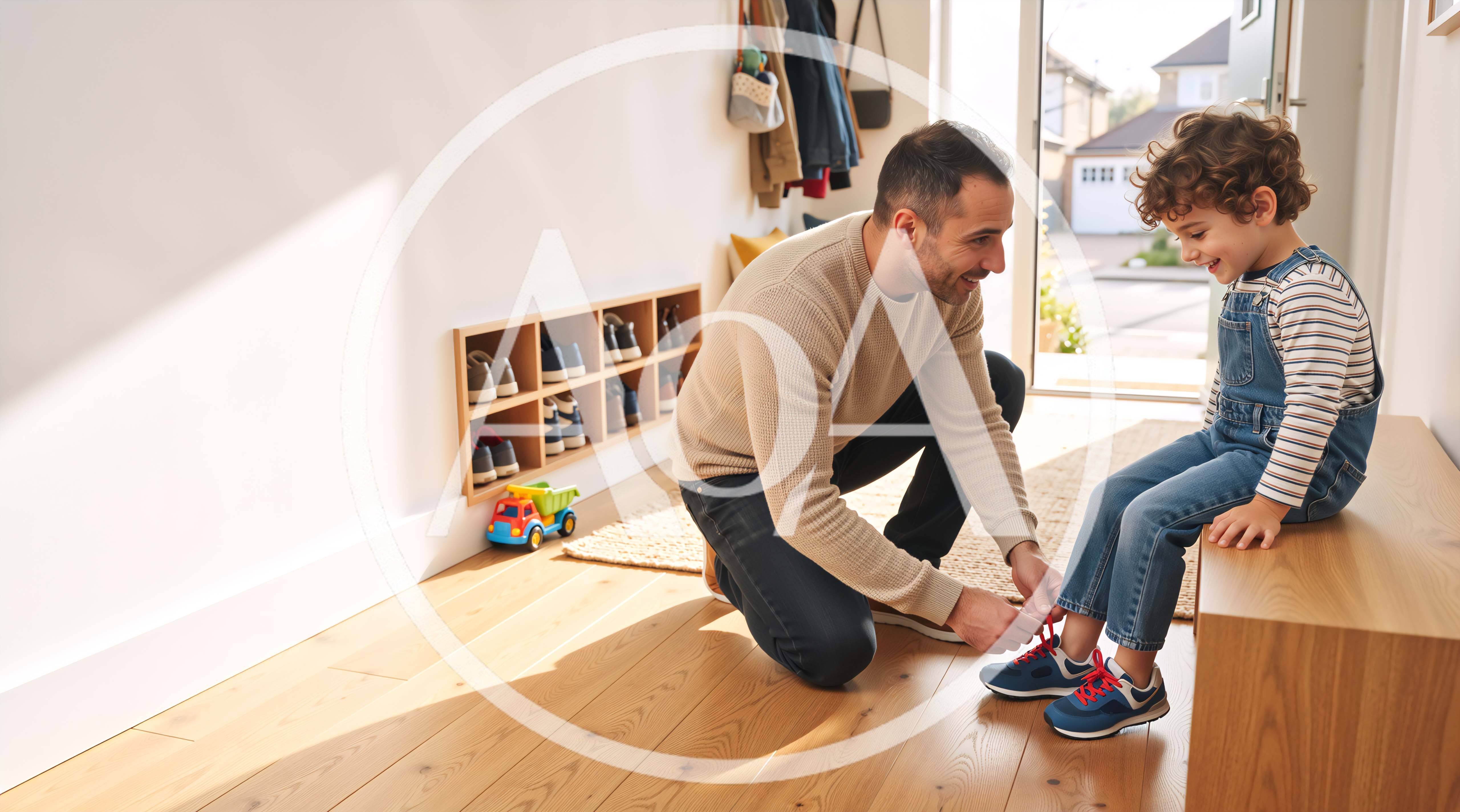 Father Helping Young Son Put On Sneakers