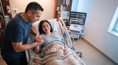 Expectant Couple Holding Hands in Hospital Labor Room