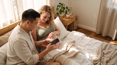 Expectant Couple Looking At Smartphone On Bed
