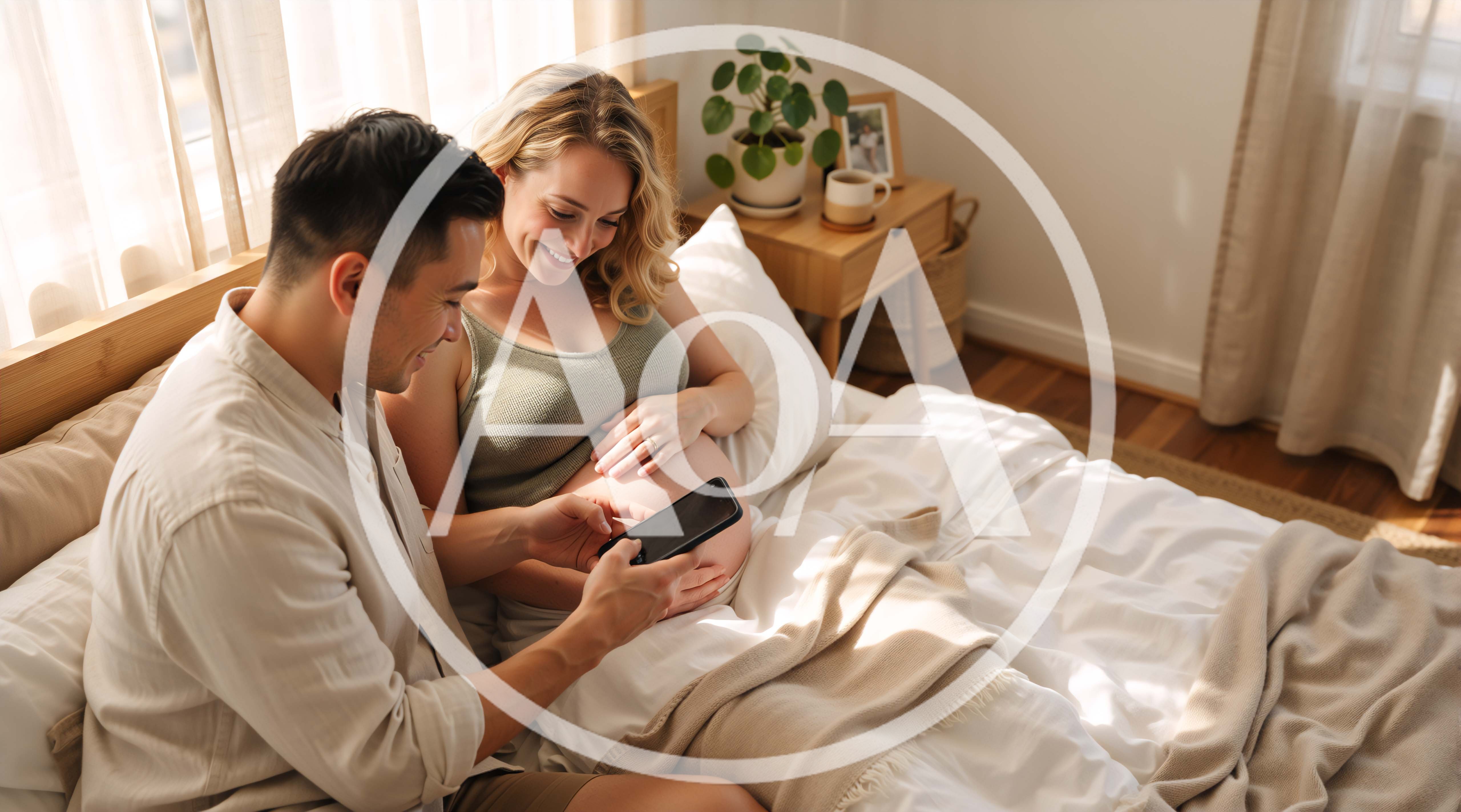 Expectant Couple Looking At Smartphone On Bed