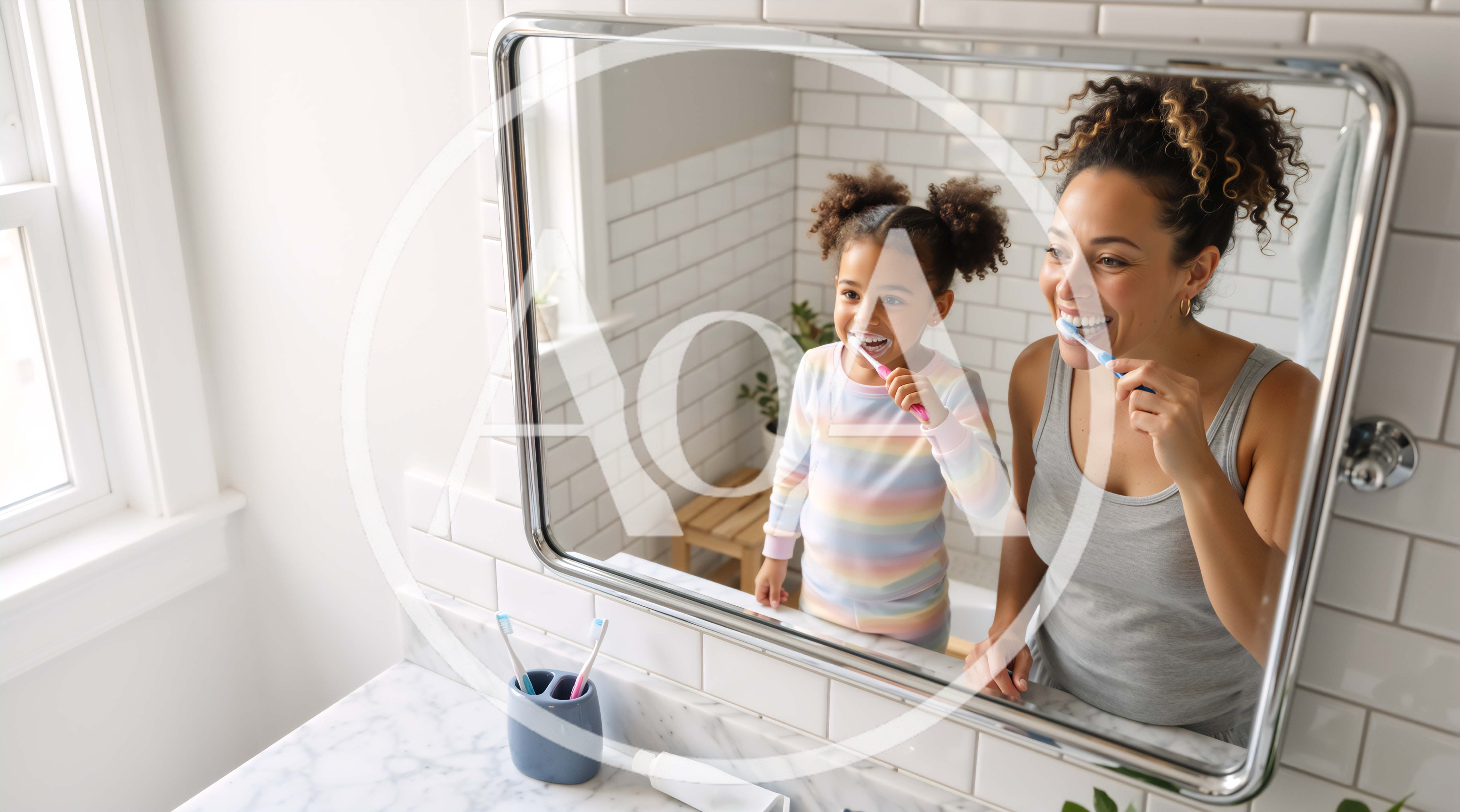 Mother and Daughter Brushing Teeth Together in Bathroom