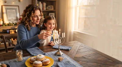 Mother and Daughter Lighting Hanukkah Menorah Candles