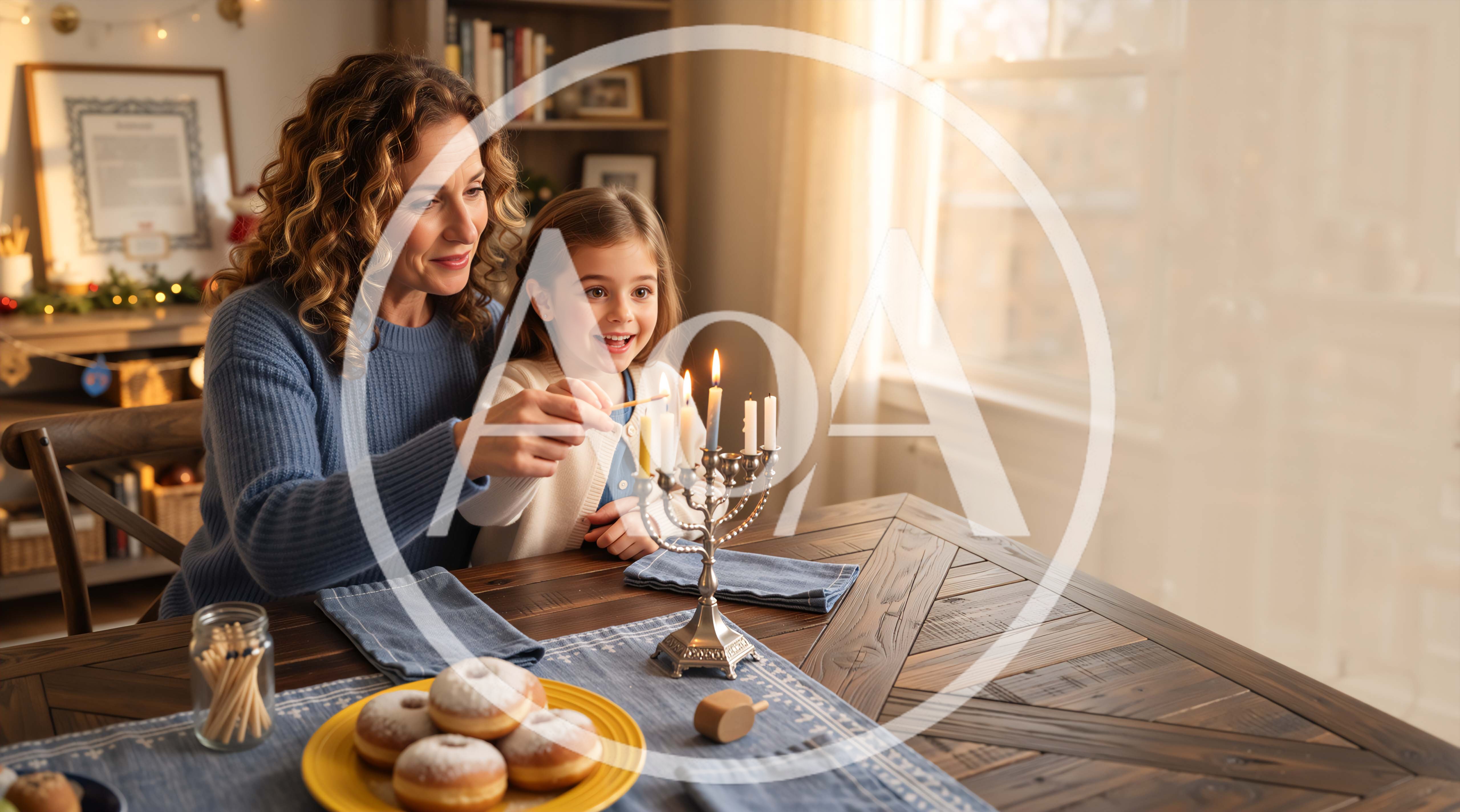 Mother and Daughter Lighting Hanukkah Menorah Candles