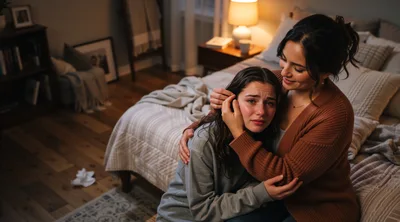 Young Woman Comforting Crying Friend In Bedroom