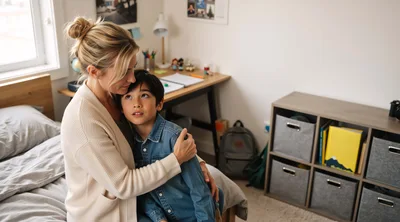 Mother Comforting Her Young Son Sitting on Bed
