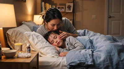 Mother Caring For Sick Child In Bed