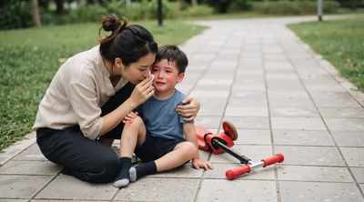 Mother Comforting Crying Son After Scooter Accident