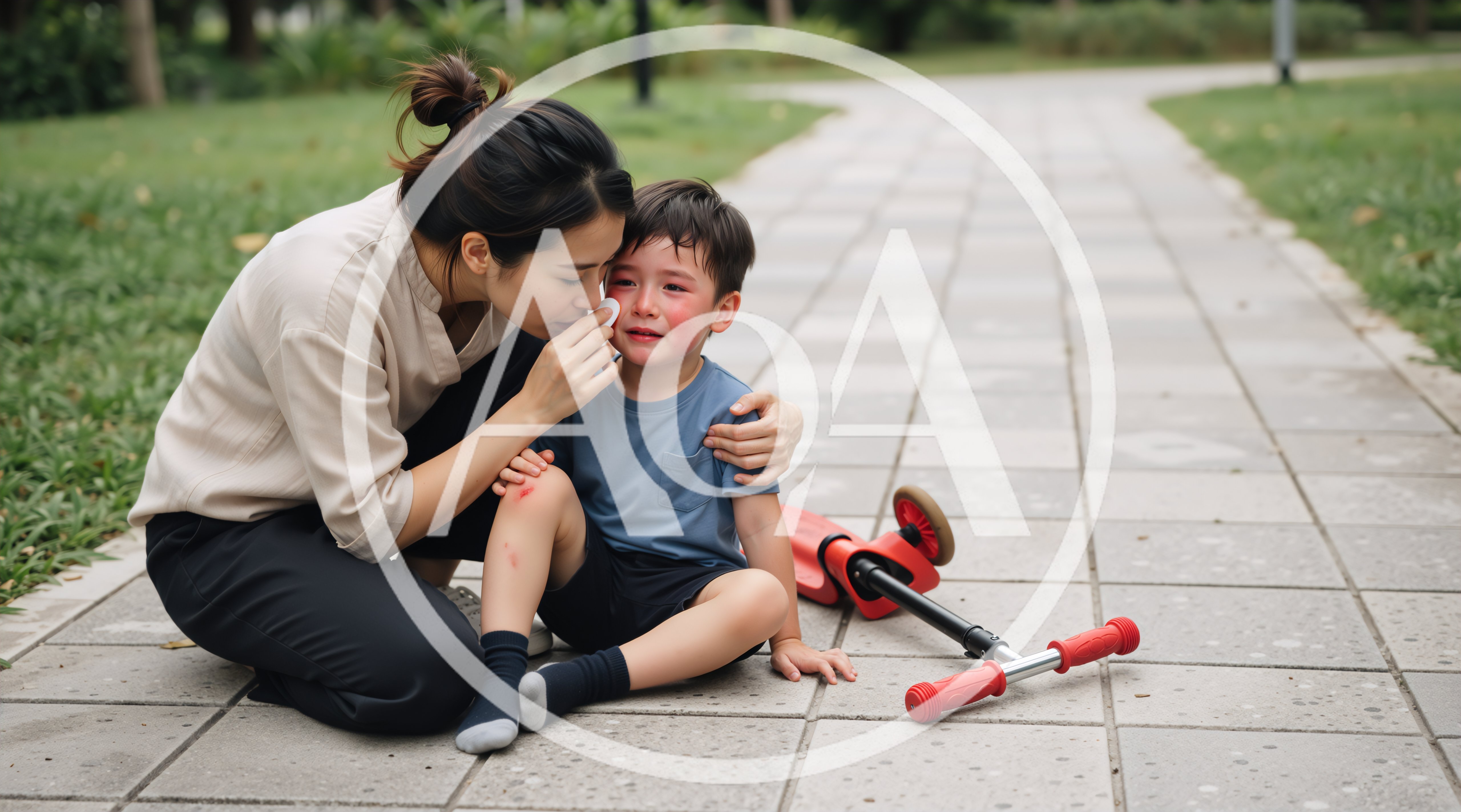 Mother Comforting Crying Son After Scooter Accident
