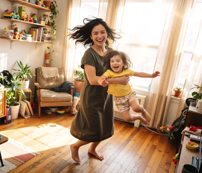 Mother Spinning Her Young Daughter in a Sunny Living Room