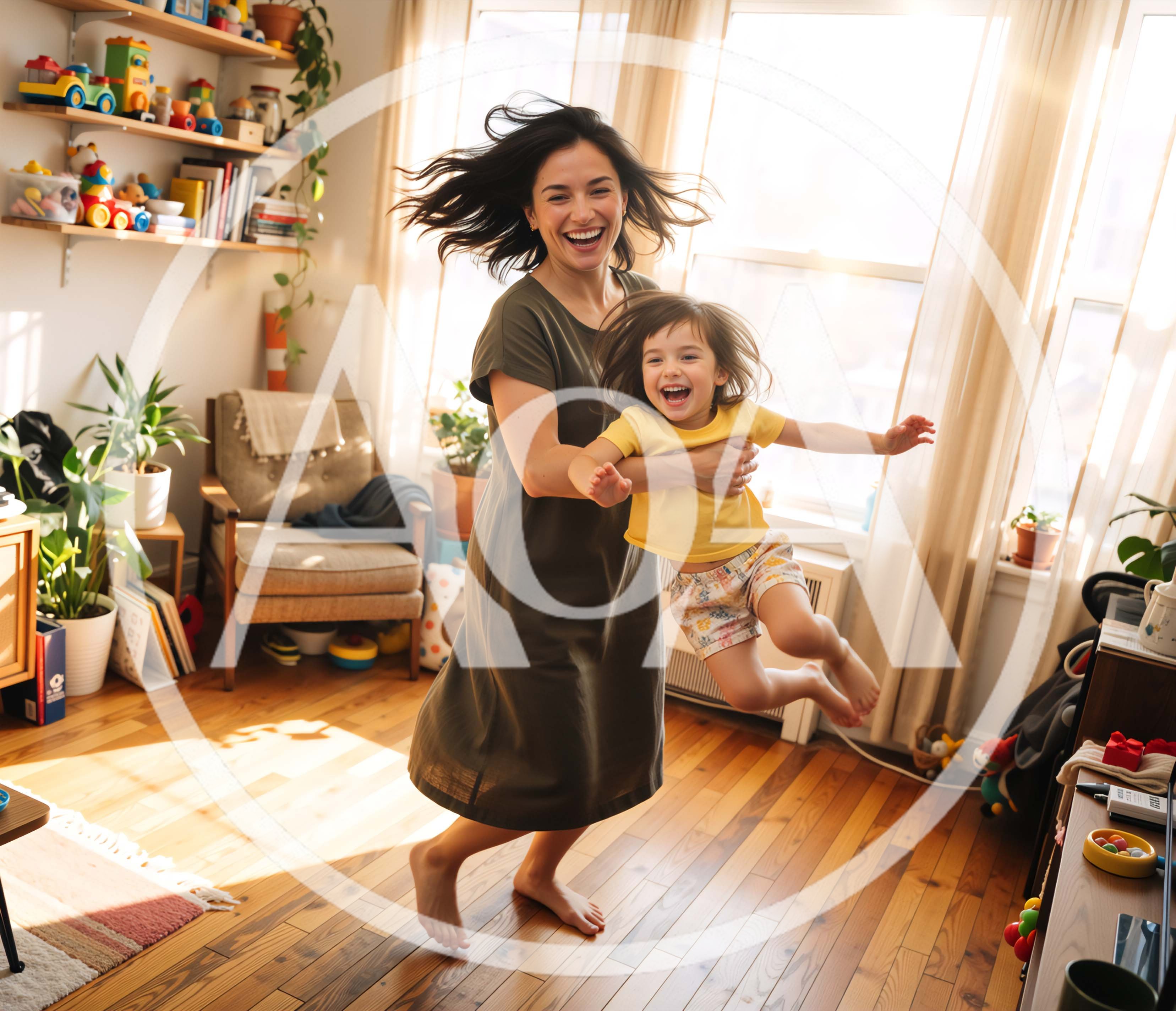 Mother Spinning Her Young Daughter in a Sunny Living Room