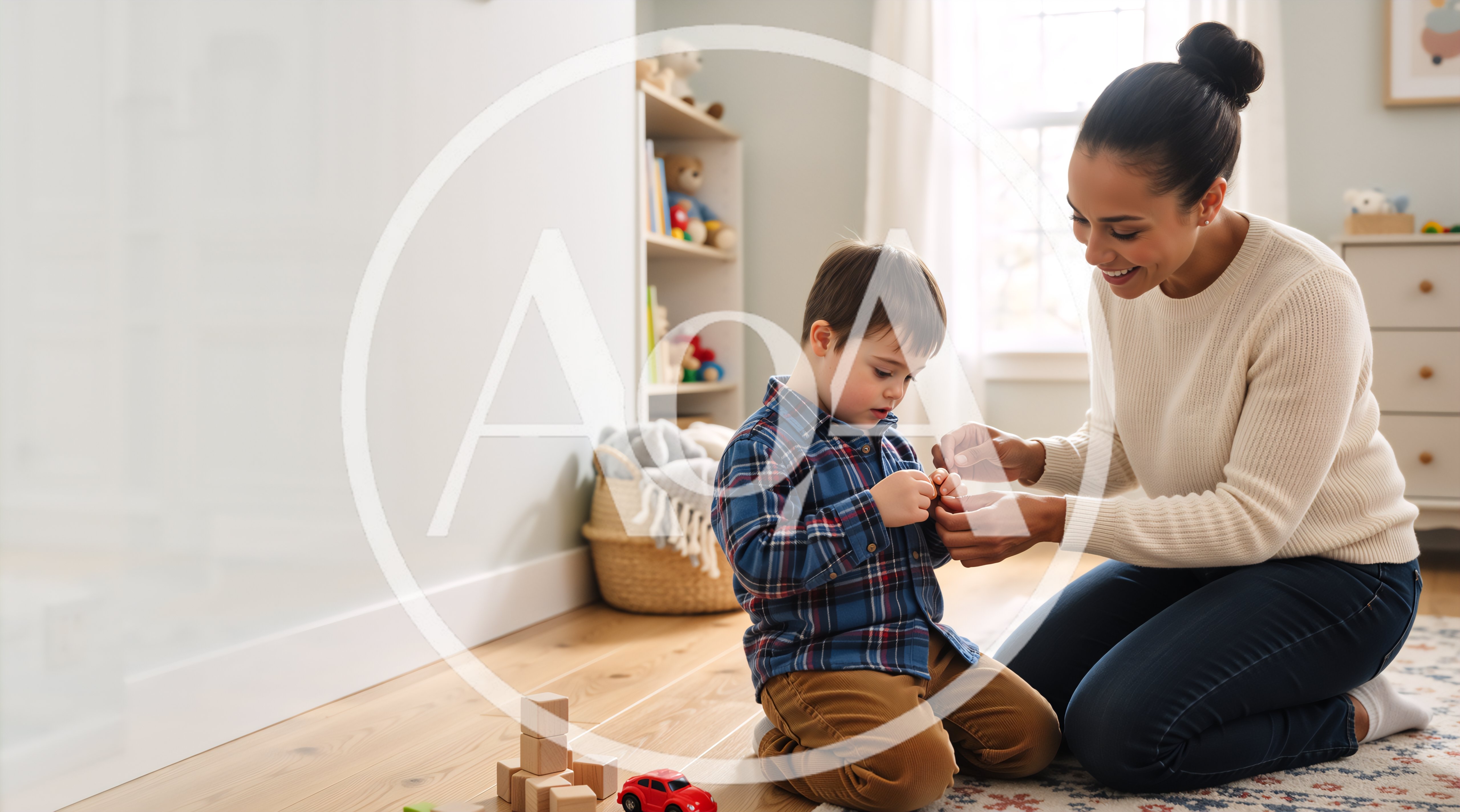 Mother Helping Young Son Button His Plaid Shirt