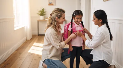 Two Mothers Helping Daughter With School Backpack
