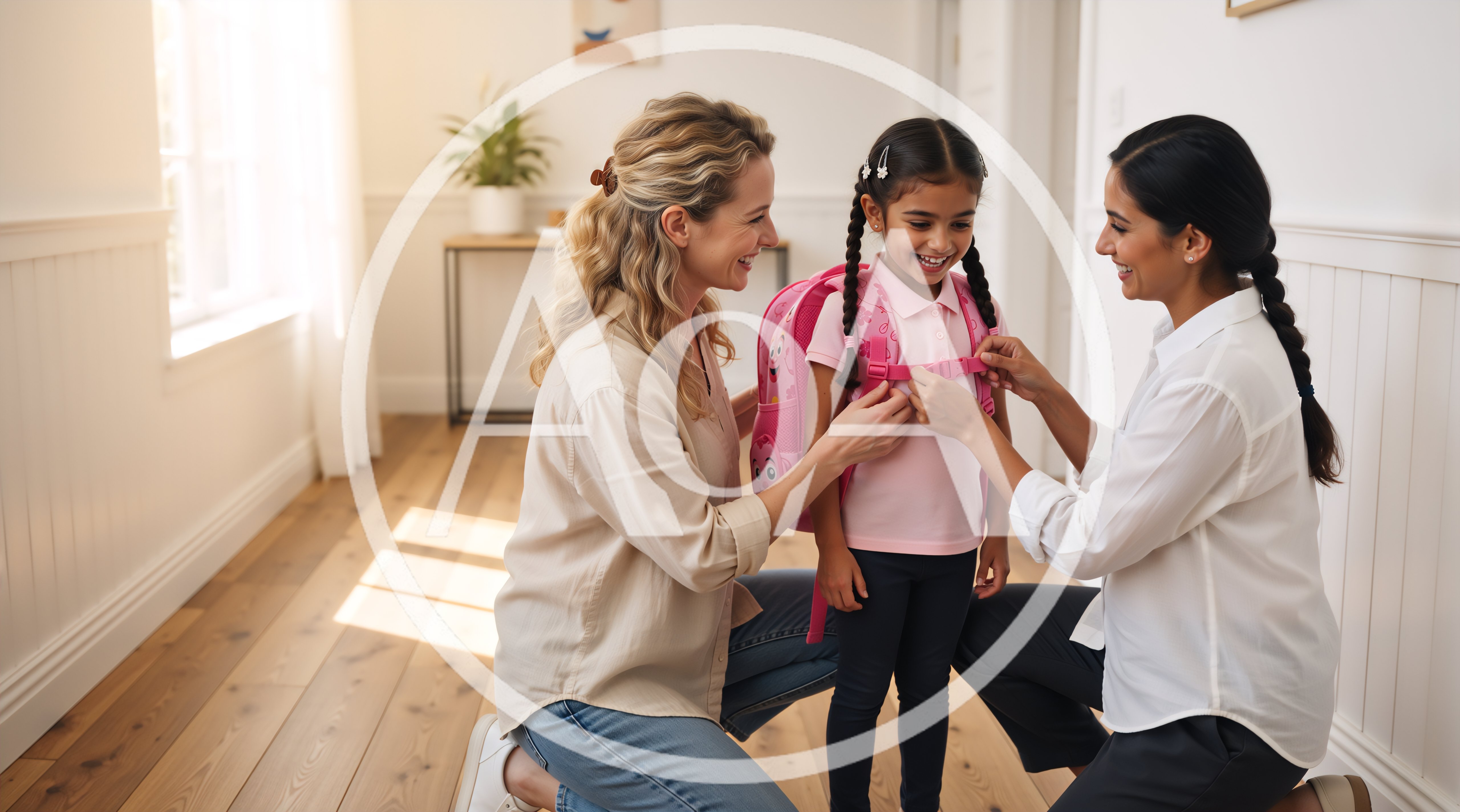 Two Mothers Helping Daughter With School Backpack