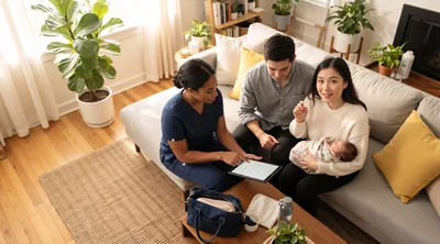 Postpartum Nurse Consulting With New Parents At Home
