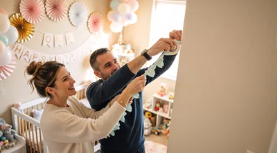 Young Couple Decorating Nursery for First Birthday Party