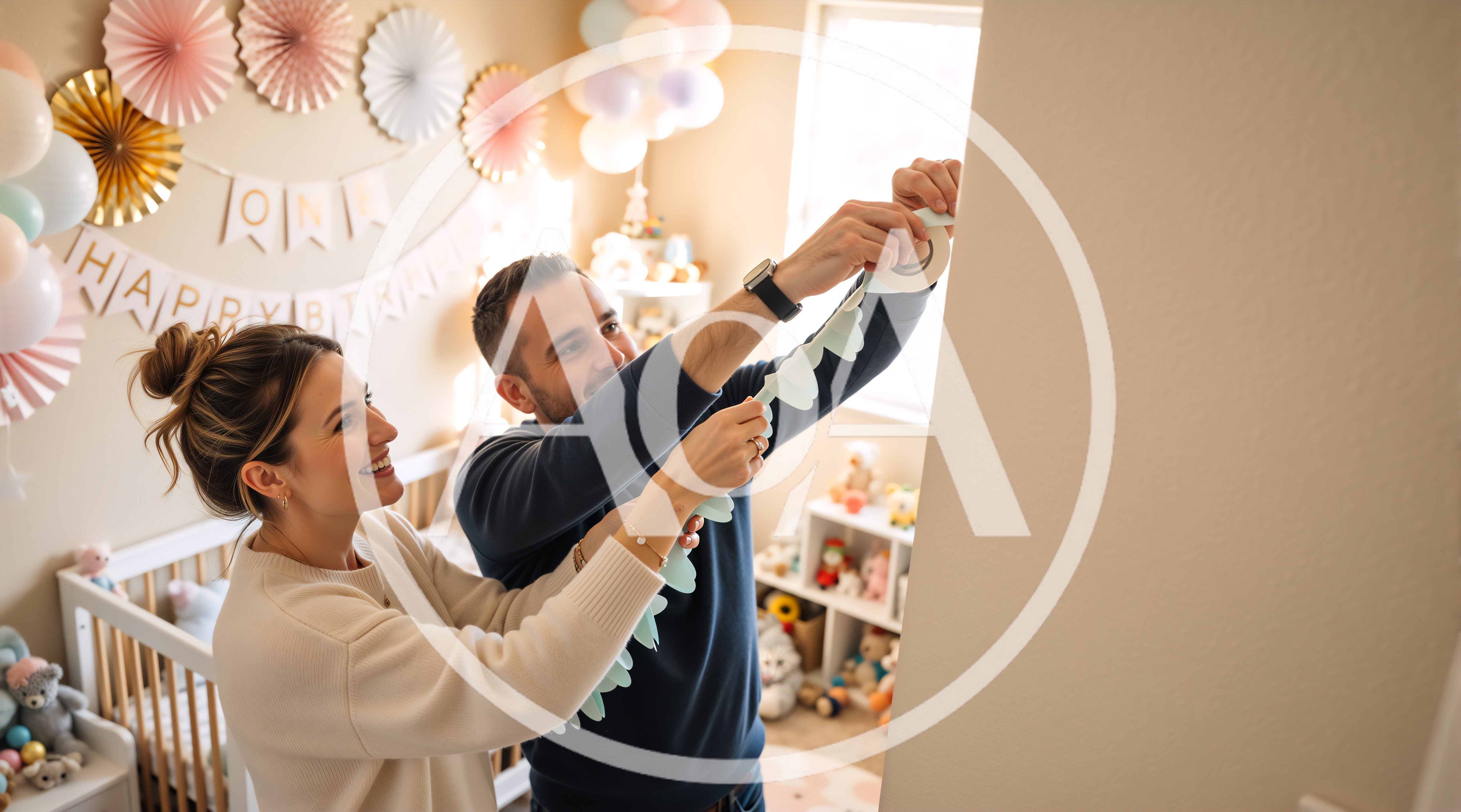 Young Couple Decorating Nursery for First Birthday Party