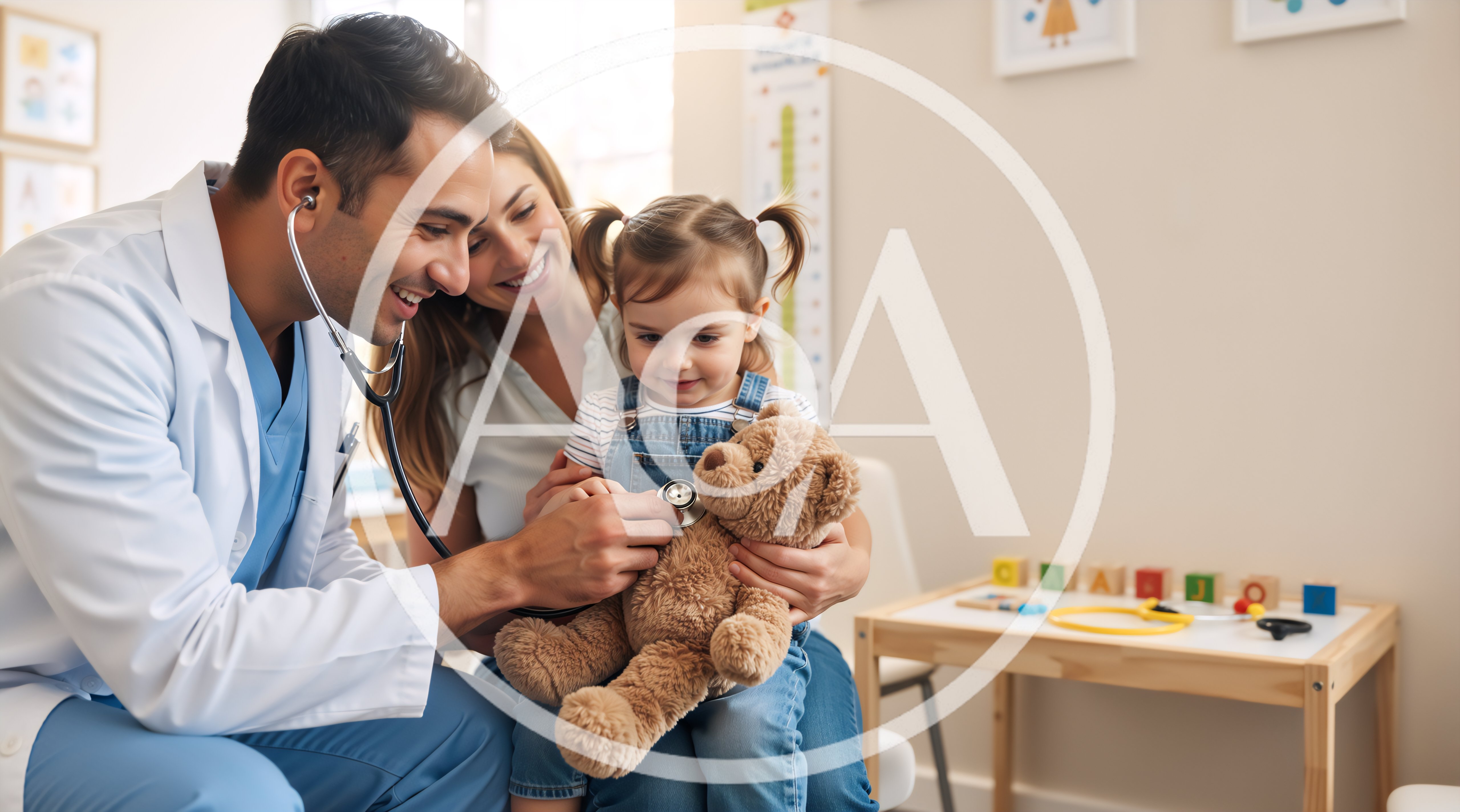 Pediatrician Examining A Young Girl And Her Teddy Bear