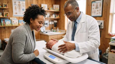 Pediatrician Examining Newborn Baby on Scale