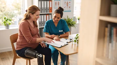 Pregnant Woman With Prosthetic Leg Consulting Doctor