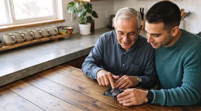 Senior Man and Son Using Smartphone Together