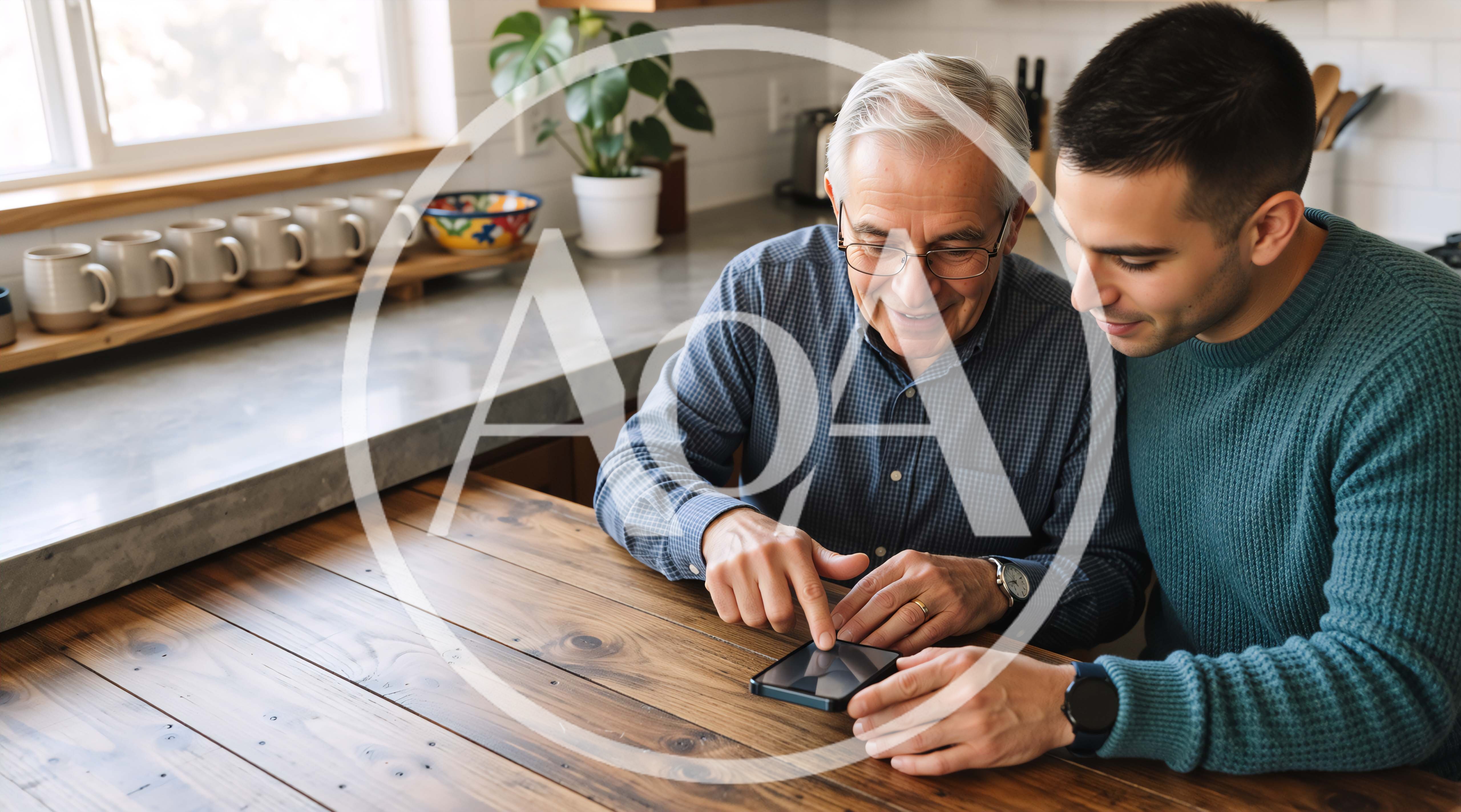 Senior Man and Son Using Smartphone Together