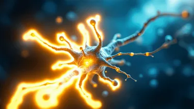 Glowing Neuron Cell Transmitting Electrical Nerve Impulses