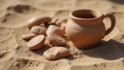 Small Clay Pot And Stones Resting On Desert Sand