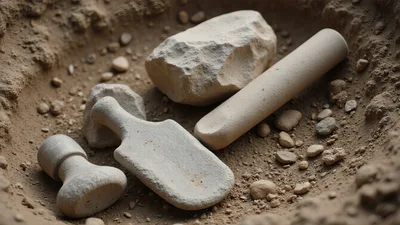 Ancient Stone Tools Resting In Sandy Archaeological Excavation Site