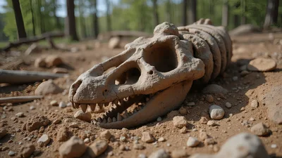 Fossilized Dinosaur Skull Resting On Sandy Forest Ground