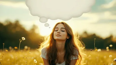 Young Woman Dreaming In A Sunny Flower Field