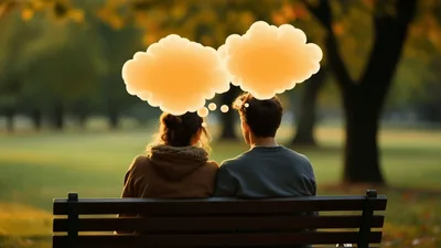 Couple Sitting On Park Bench With Floating Thought Bubbles