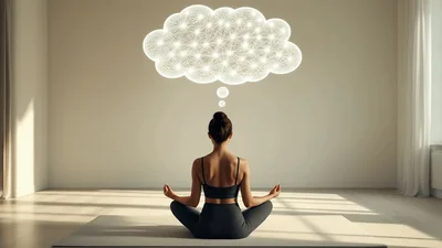 Woman Meditating With Glowing Geometric Thought Cloud