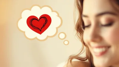 Smiling Woman Dreaming Of A Red Heart Symbol