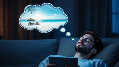 Young Man Sleeping On Sofa Dreaming Of Tropical Beach