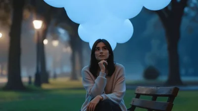 Young Woman Sitting On Park Bench Under Glowing Cloud