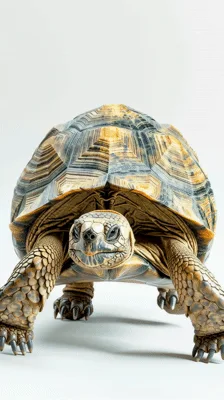 Radiated Tortoise Walking Towards Camera on White Background