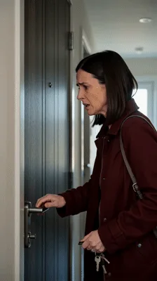 Stressed Woman Trying To Open Apartment Door