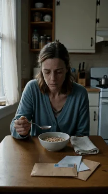 Sad Woman Eating Cereal Alone In Kitchen