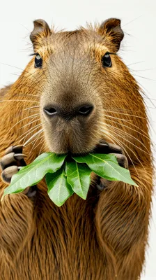 Capybara Eating Fresh Green Leaves Close Up