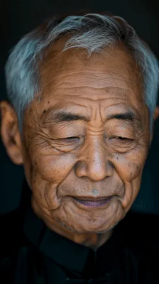 Elderly Asian Man Closing And Opening His Eyes