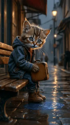 Sad Kitten Sitting On A Bench In The Rain