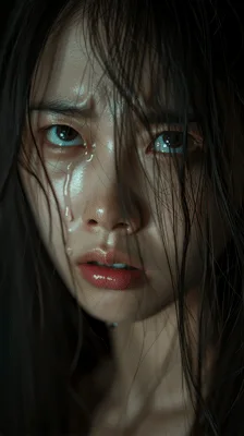 Crying Young Woman With Wet Hair Looking At Camera