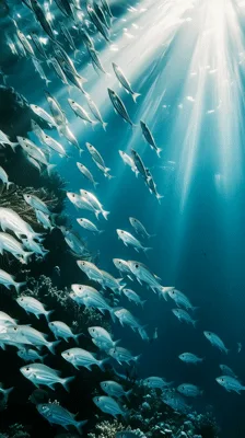 School Of Fish Swimming In Sunlit Underwater Reef