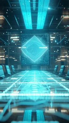Futuristic Digital Conference Room With Holographic Data Display