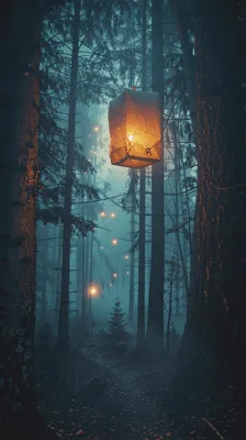 Glowing Paper Lantern Floating Through A Dark Misty Forest