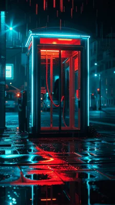 Neon Lit Telephone Booth In Rainy City Street